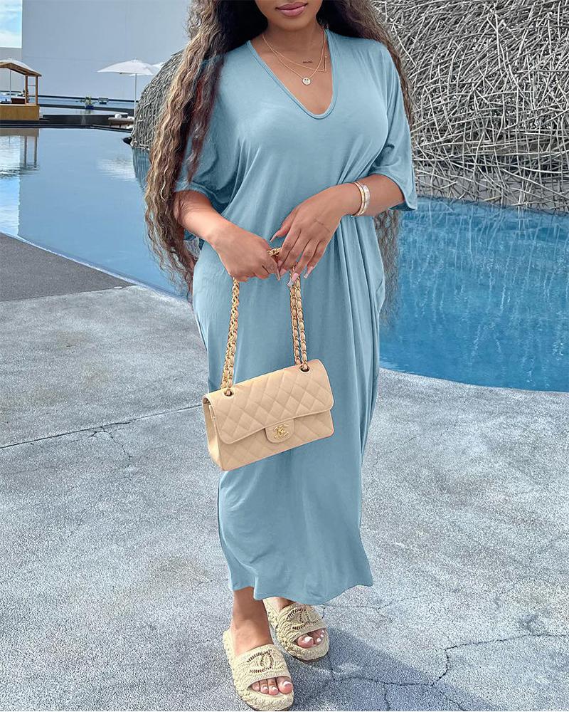 

Half Sleeve V-Neck Maxi Casual Dress, Blue