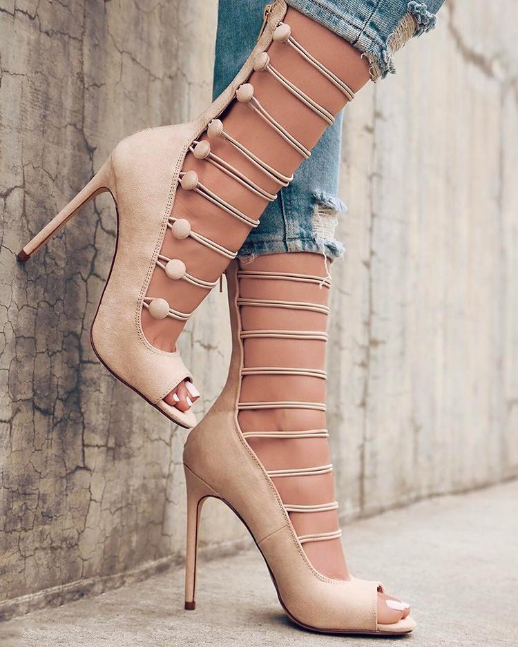 Peep-toe Buttoned Strappy Zipper Back Sandales à talons hauts