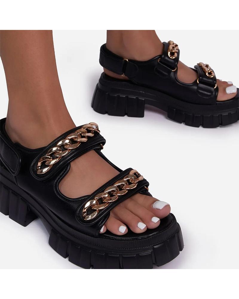 

Round-toe Solid Color Splicing Chain Platform Sandals, Black
