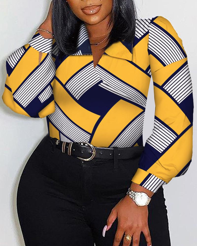 

Plus Size Geometric Print Long Sleeve Shirt, Yellow