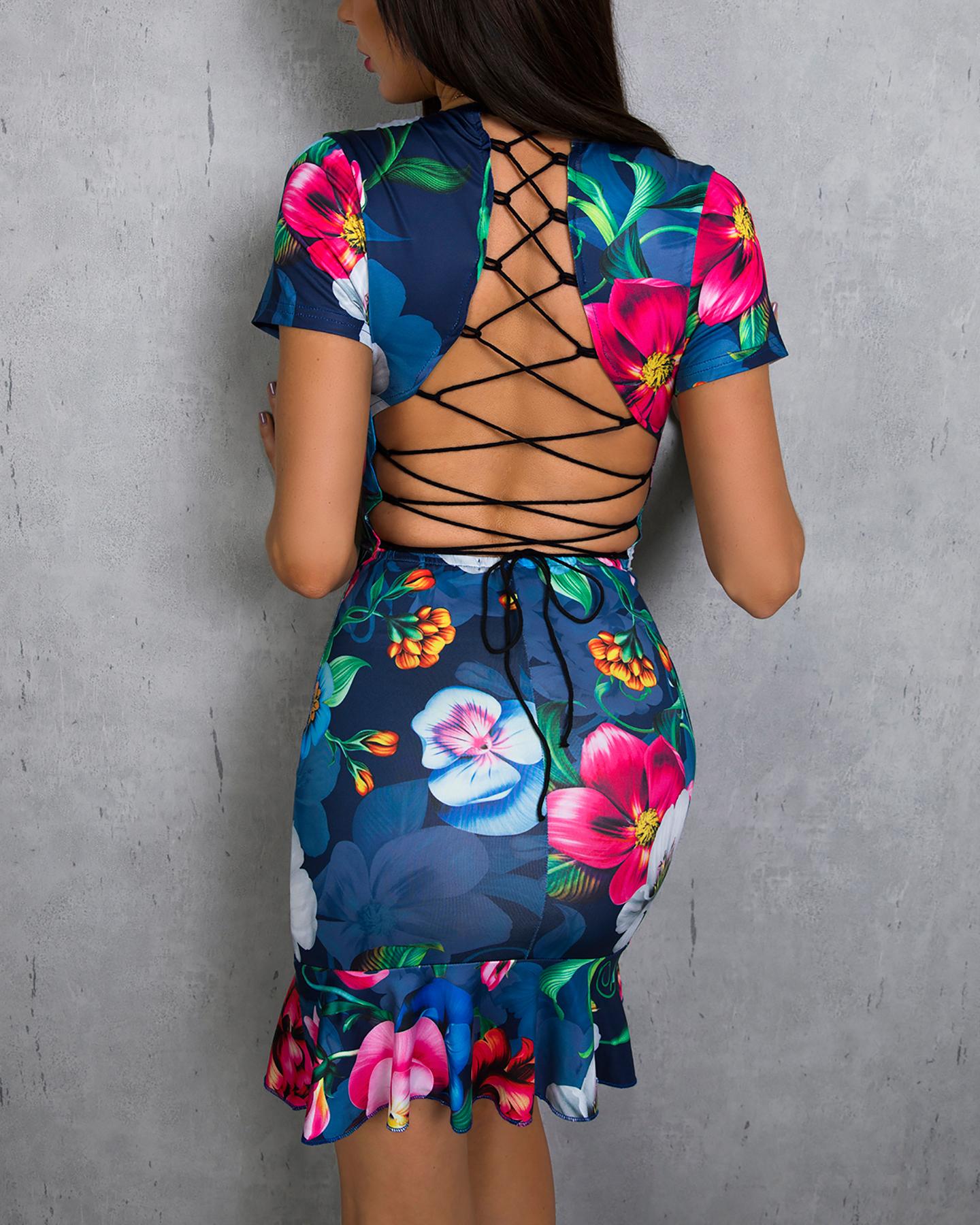 

Floral Print Ruffles Lace-Up Backless Dress, Multicolor