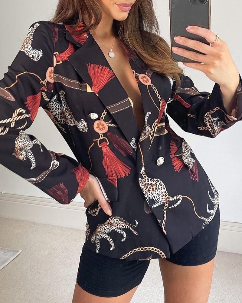 

Scarf Print Double Button Flap Detail Blazer Coat, Black