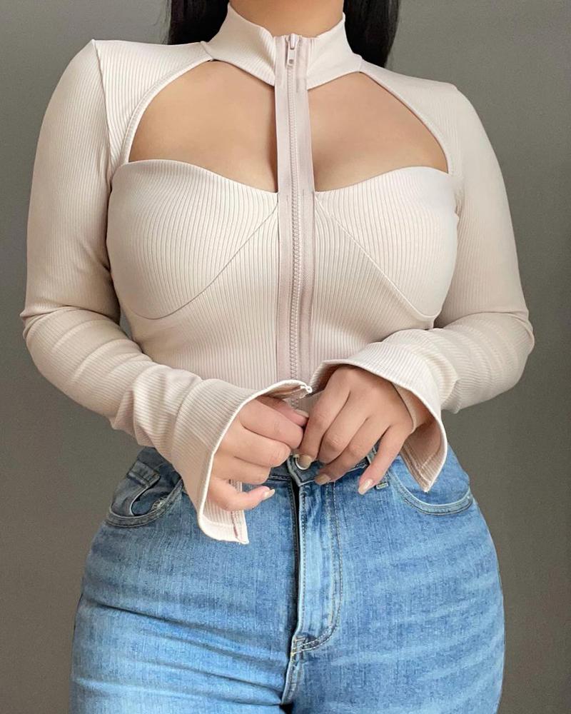 

Zipper Design Cutout Bell Sleeve Top, Beige