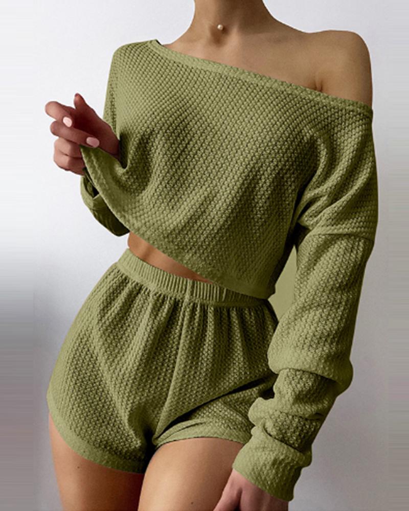 

Waffle Knit Ruched Skew Neck Pajamas Set, Green