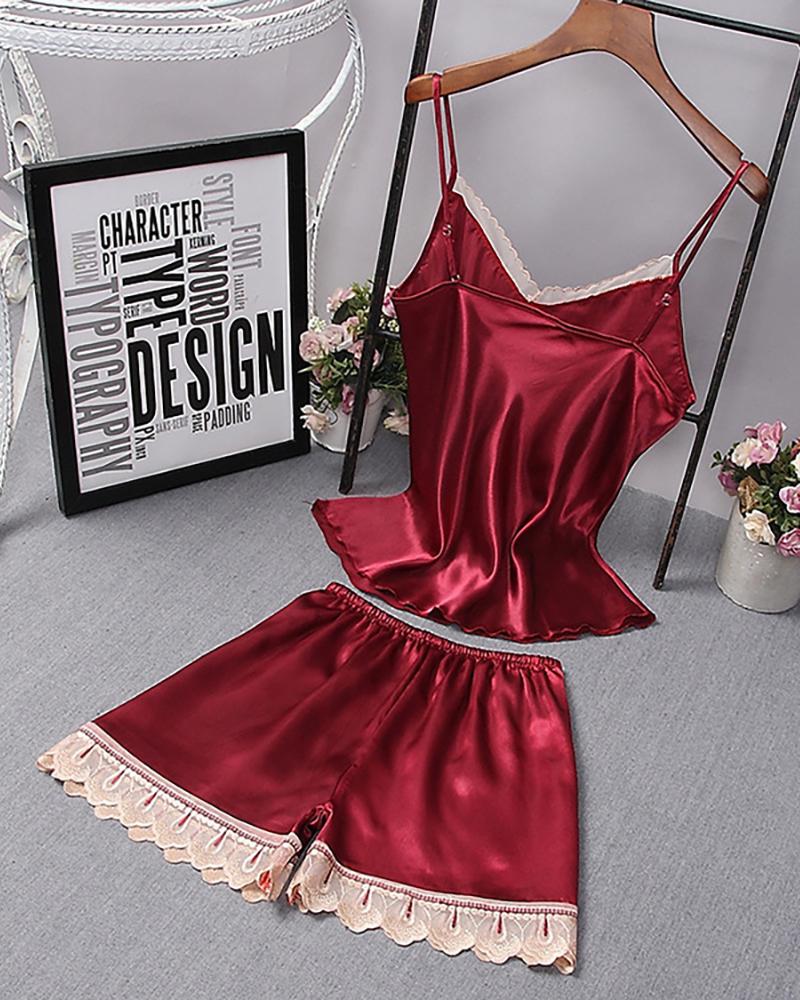 

Spaghetti Strap Lace Trim Cami Set, Wine red