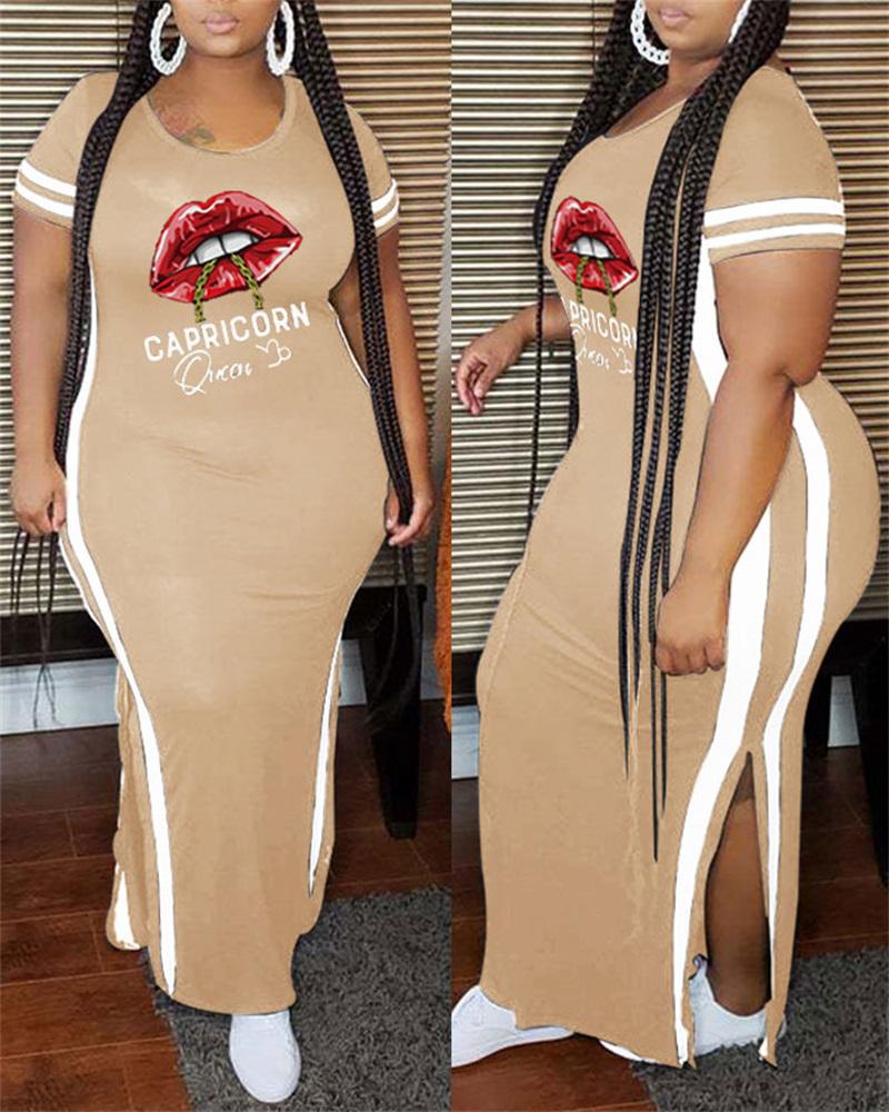 

Plus Size Lip Letter Print Split Hem Maxi Dress, Khaki