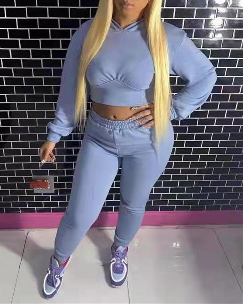 

Long Sleeve Hooded Sweatshirt & High Waist Sweatpants Set, Blue