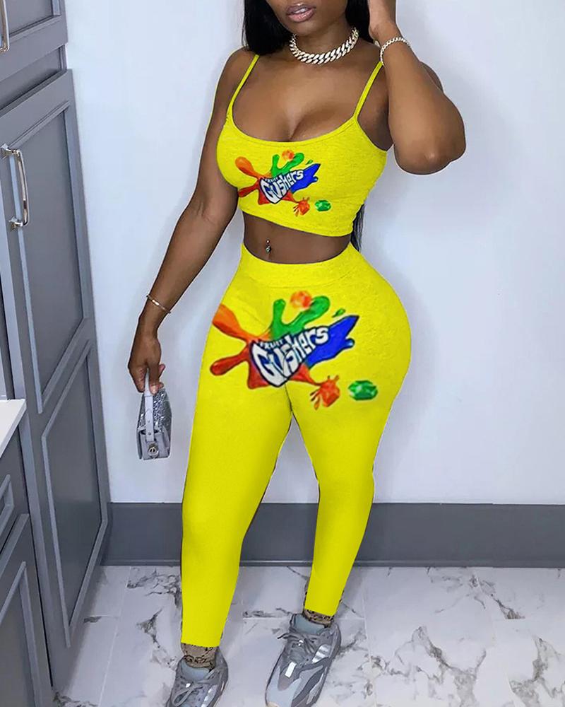 

Letter Cartoon Print Crop Top & High Waist Pants Set, Yellow