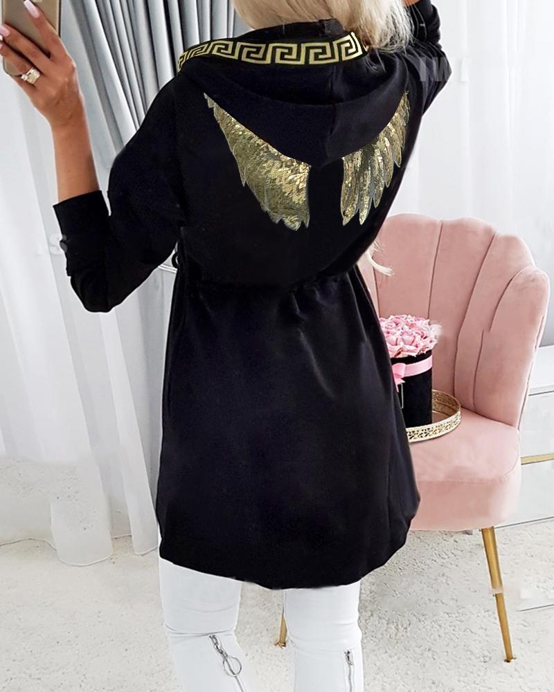 

Sequin Wings Hooded Long Sleeve Caot, Black