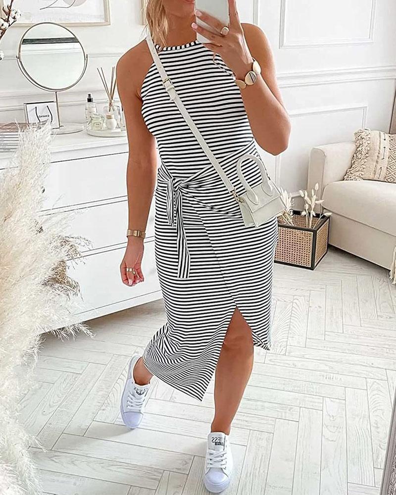 

Striped Print Tied Detail Sleeveless Casual Dress, Black