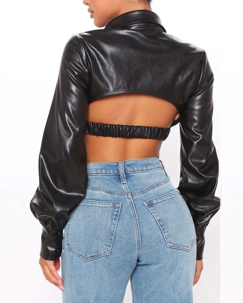 

Button Front Cutout Lantern Sleeve Crop PU Leather Coat, Black