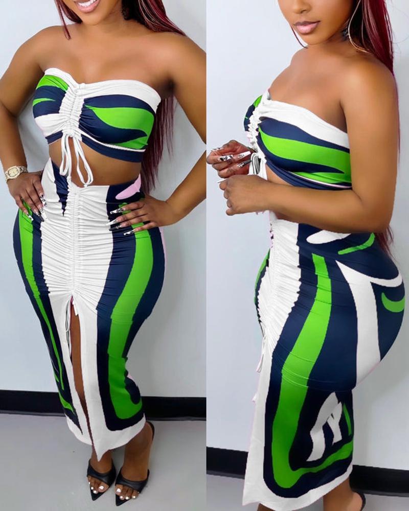 

Abstract Print Colorblock Bandeau Drawstring Top & Skirt Set, White