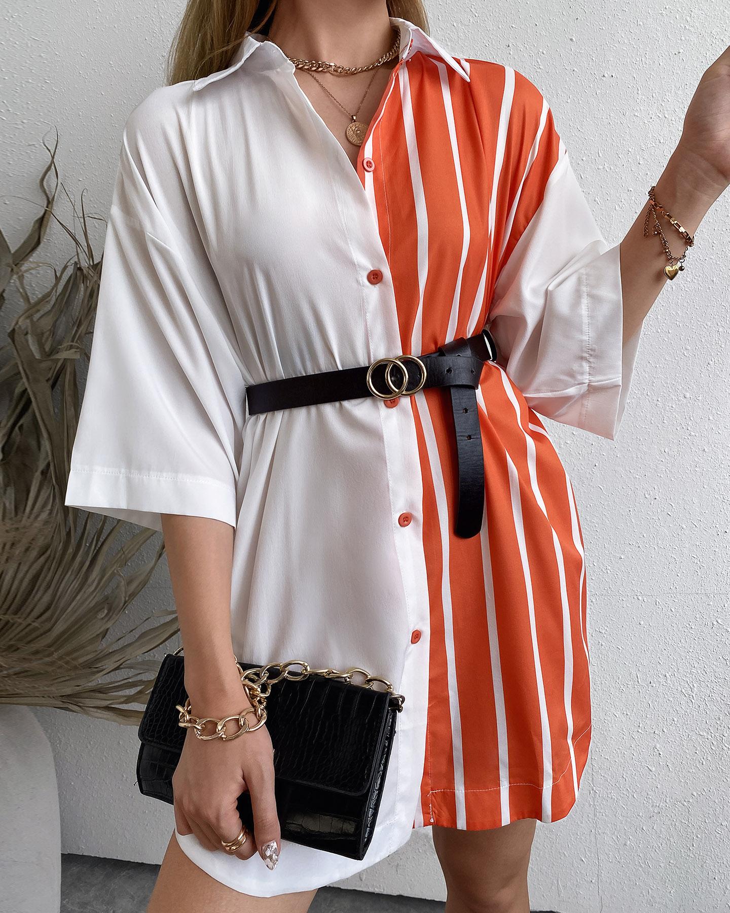 

Striped Colorblock Button Front Shirt Dress, Orange