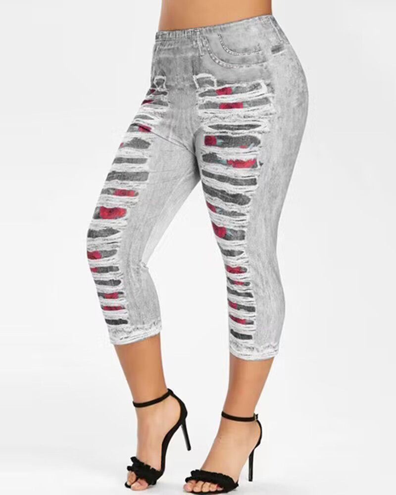 

Denim Look Floral Print Ripped Sports Leggings, Gray