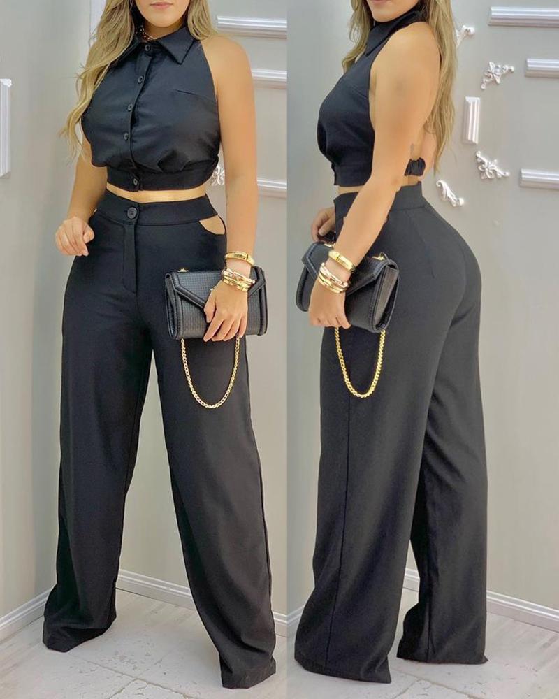 

Button Design Plain Shirt & Pants Set, Black