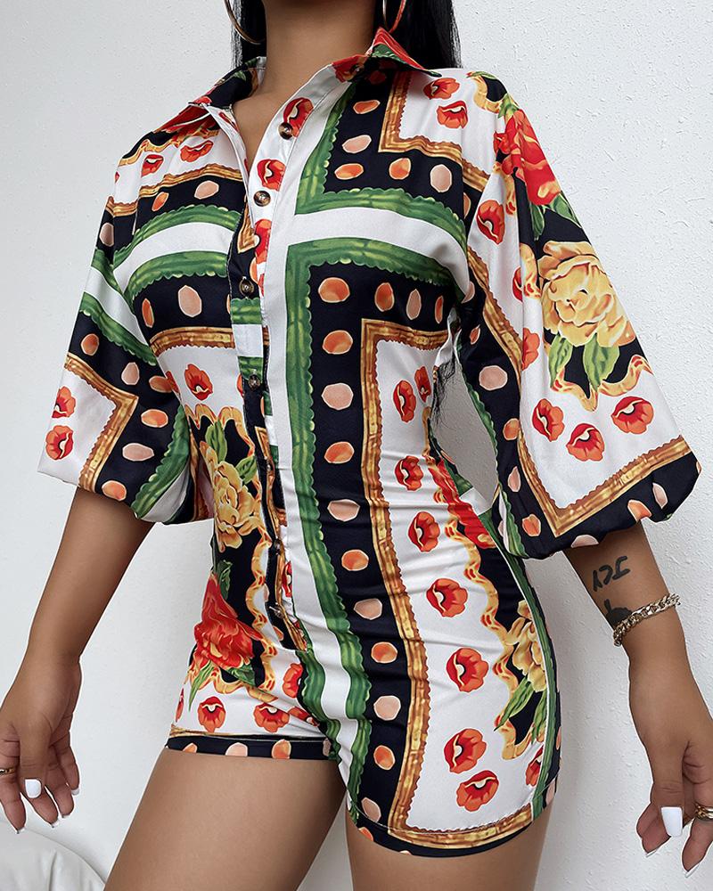 

Floral Print Button Up Skinny Romper, Multicolor