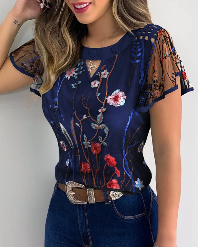 

Floral Embroidery Sheer Mesh Flutter Sleeve Cutout Casual Blouse, Blue