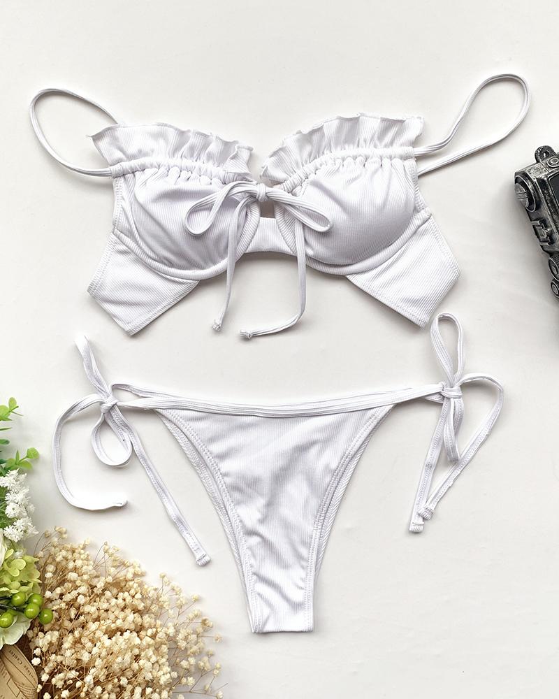 

Frill Hem Sleeveless Tied Detail Bikini Set, White