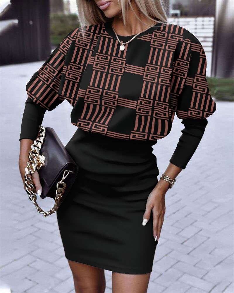 Geometric Print Long Sleeve Casual Dress