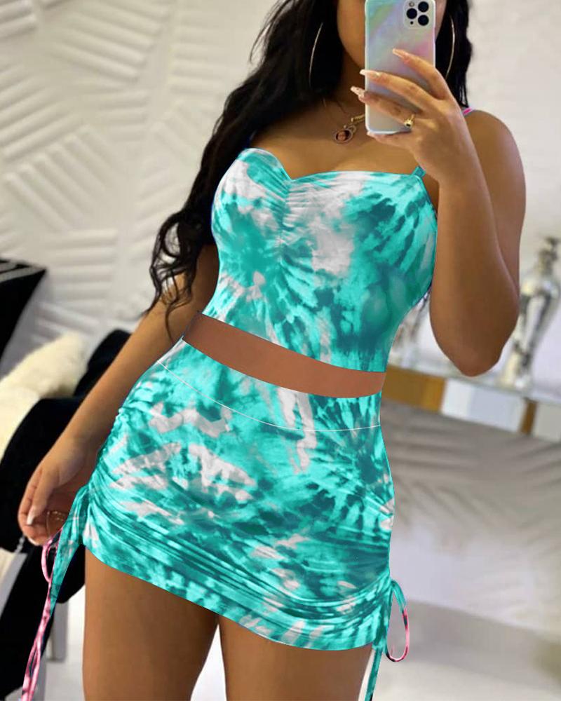 

Tie Dye Print Sling Cropped Top With Short Skirt Skirt Sets, Green