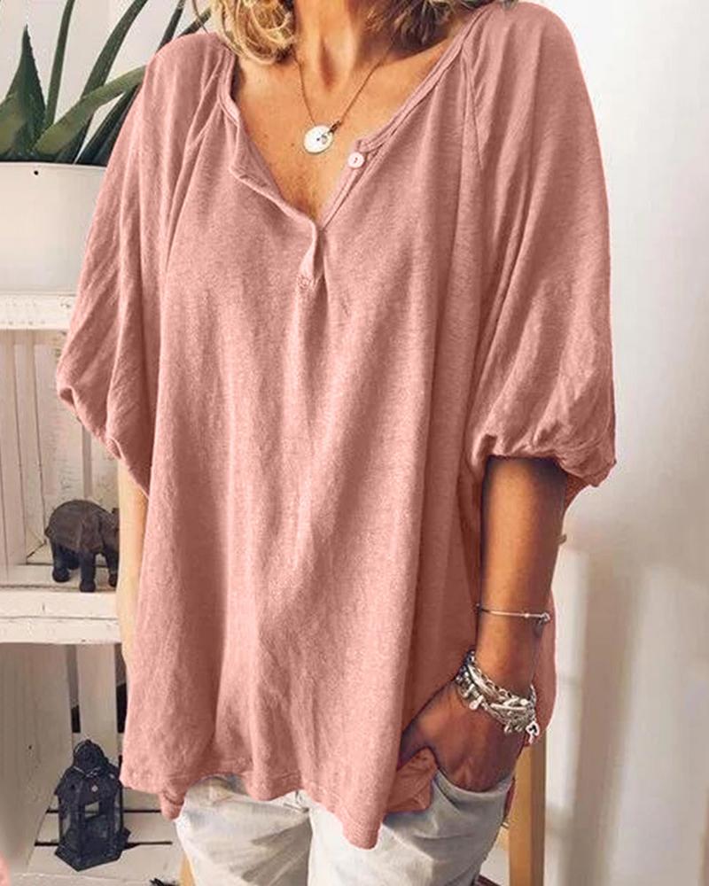 

Scoop Neck Buttoned Casual Top, Pink