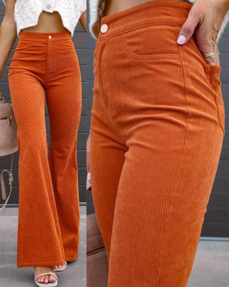 

Corduroy Zip Fly High Waist Flared Leg Pants, Orange