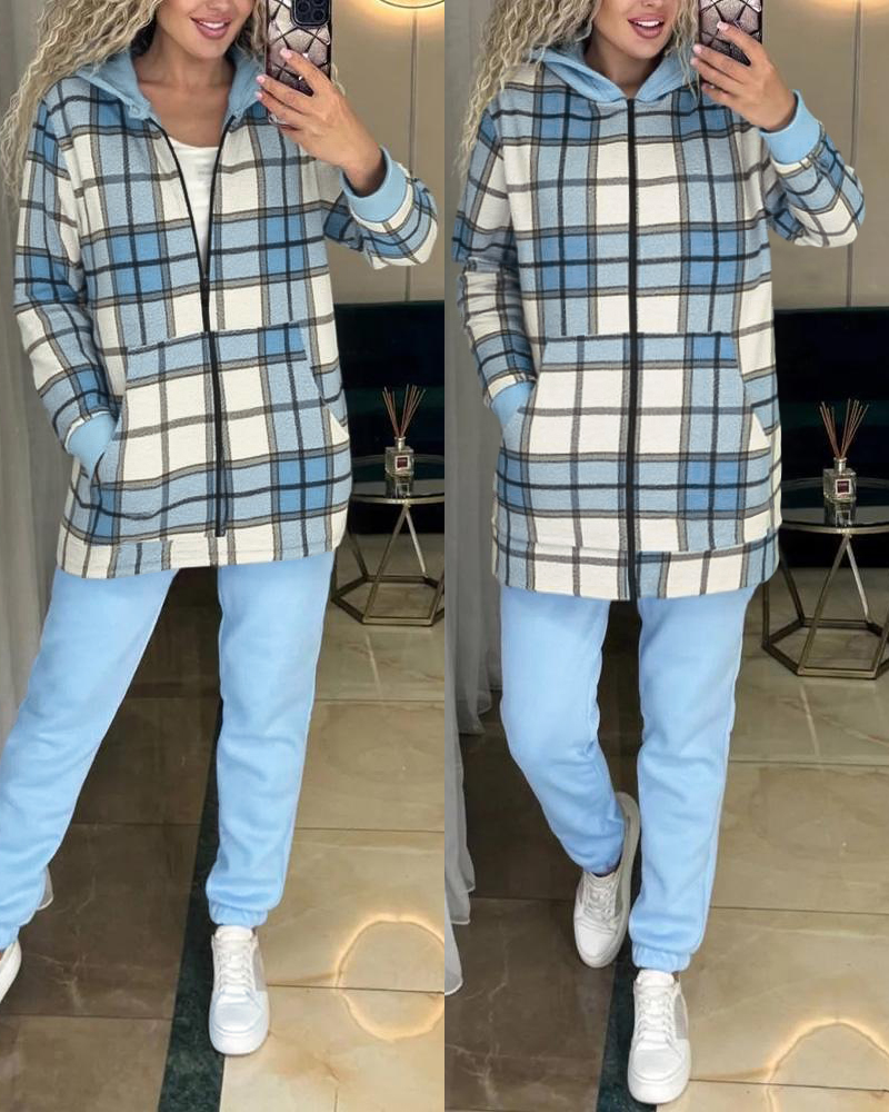 

Ensemble 2 pièces à imprimé écossais avec capuche, fermeture éclair, poche kangourou, manteau et pantalon fuselé décontracté à taille élastique, Lighted blue