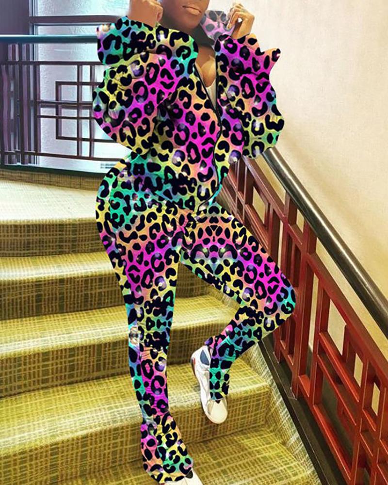 

Camouflage Cheetah Print Cold Shoulder Hooded Top & Skinny Pants Set, Multicolor
