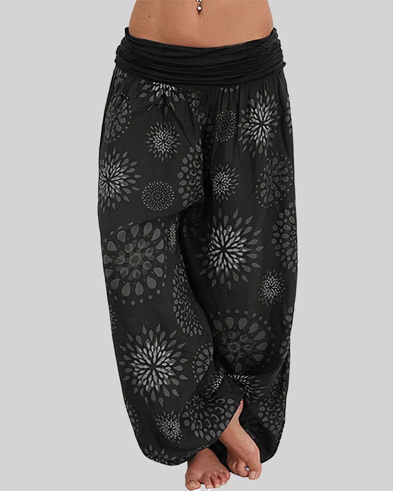 

Allover Print Ruched Low Waist Harem Pants, Black