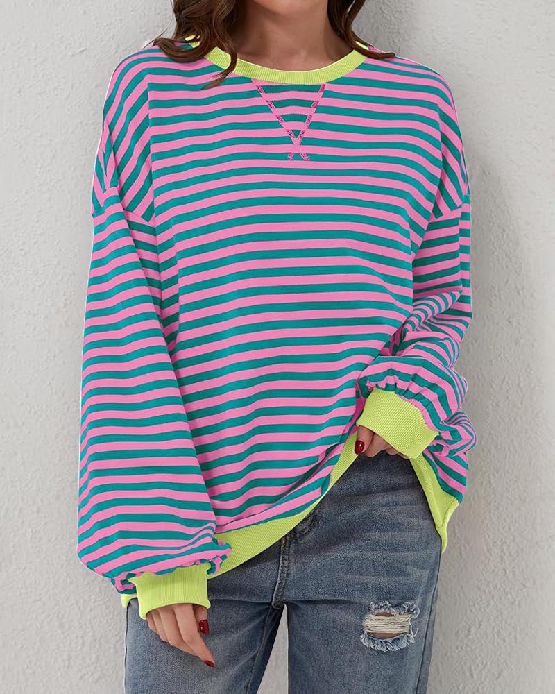 

Plus Size Striped Crewneck Sweatshirt Pullover Long Sleeve Casual Top, Pink