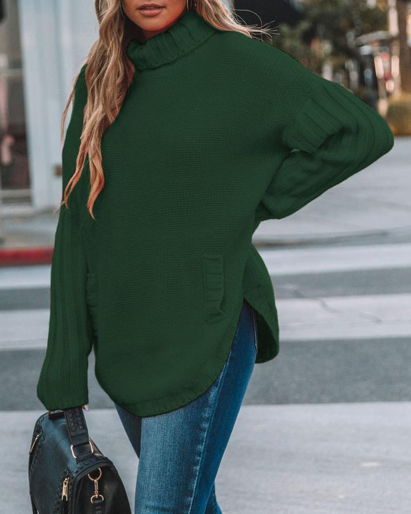 

Long Sleeve High Neck Knit Sweater, Green