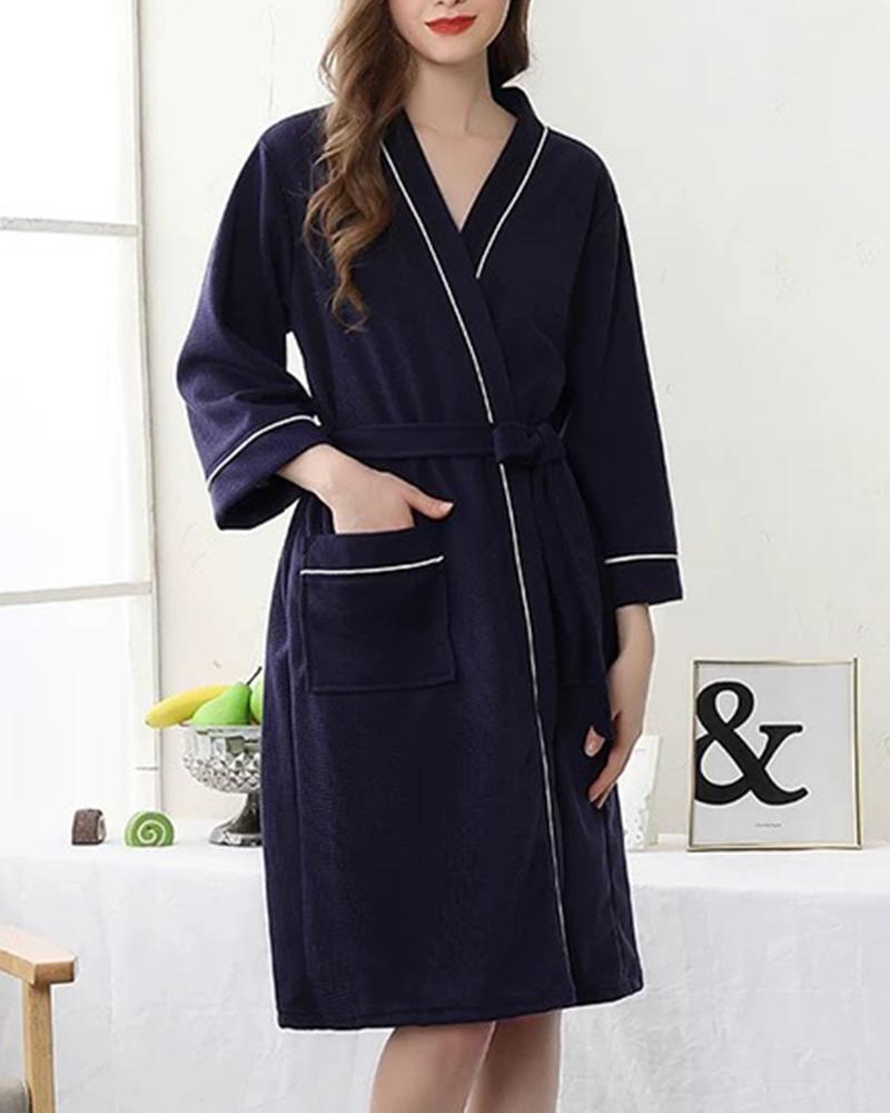 

Solid Color Lace-up Long Sleeve Nightgown, Purplish blue