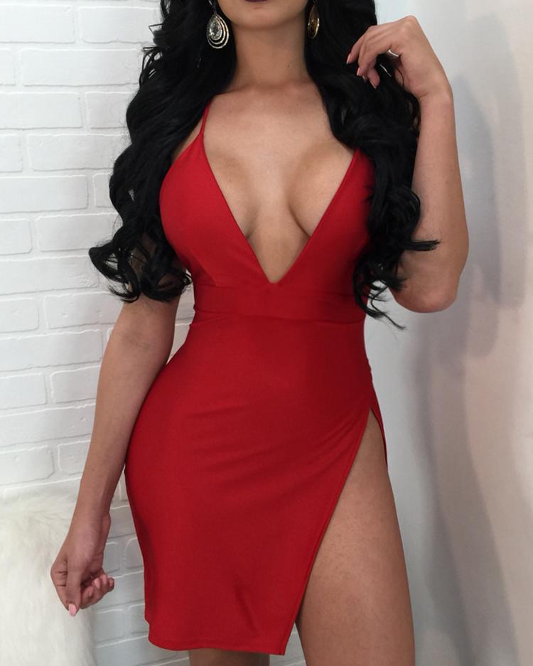 

Sexy Deep V Backless Split Mini Dress, Red