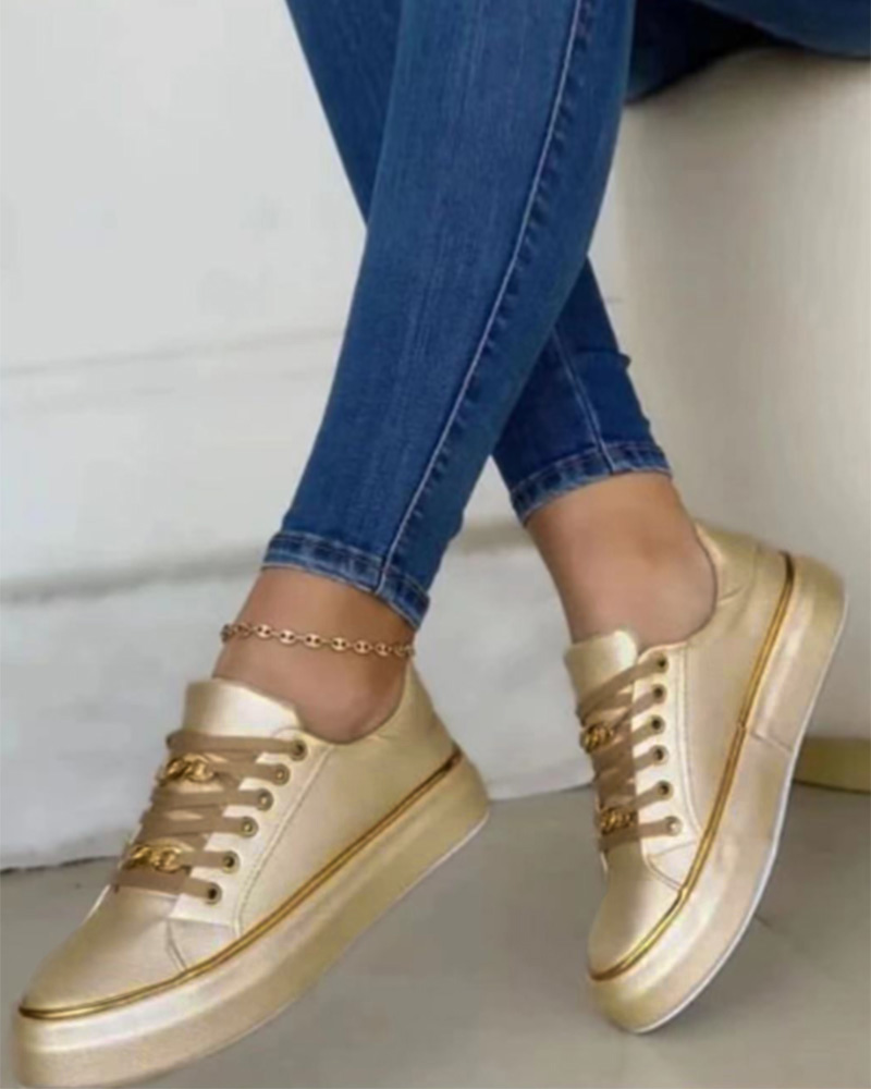 

Chain Decor Lace-up Platform Casual Sports Sneakers, Gold