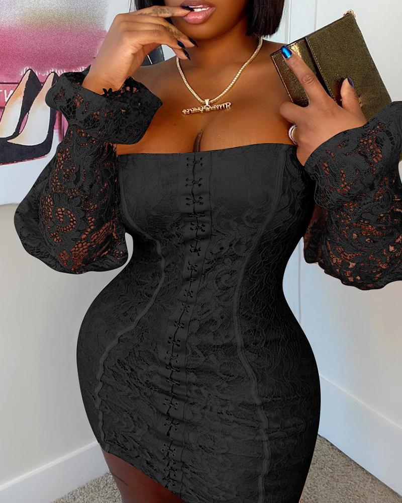 

Off Shoulder Eyelash Lace Bodycon Dress, Black
