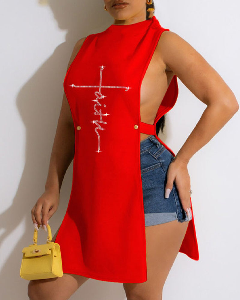 

Rhinestone Letter Pattern Split Hem Tank Top, Red