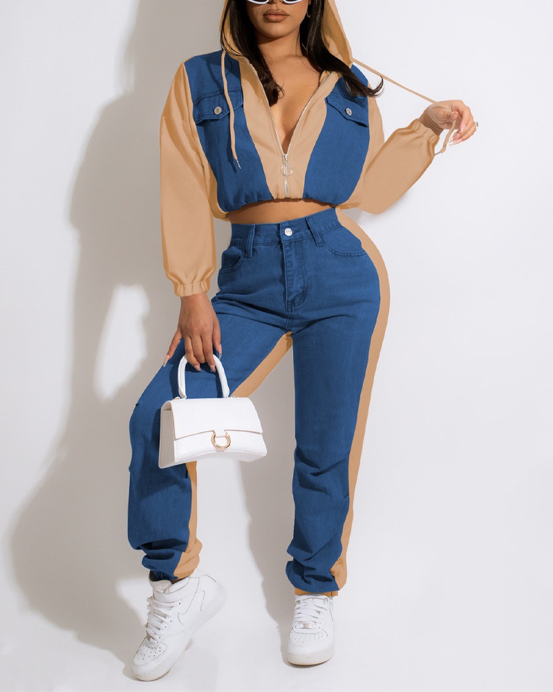 

Colorblock Denim Patch Crop Top & Cuffed Pants Set, Apricot