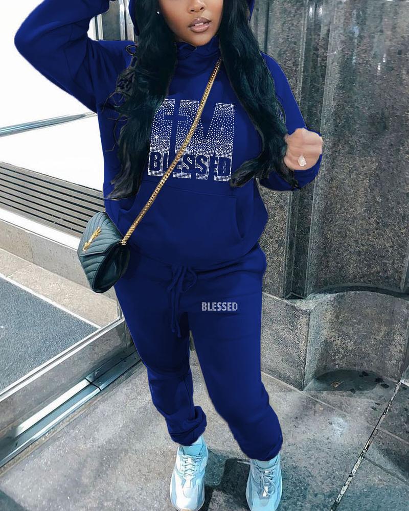 

Plus Size Rhinestone Letter Pattern Casual Hoodie & Pants Set, Blue