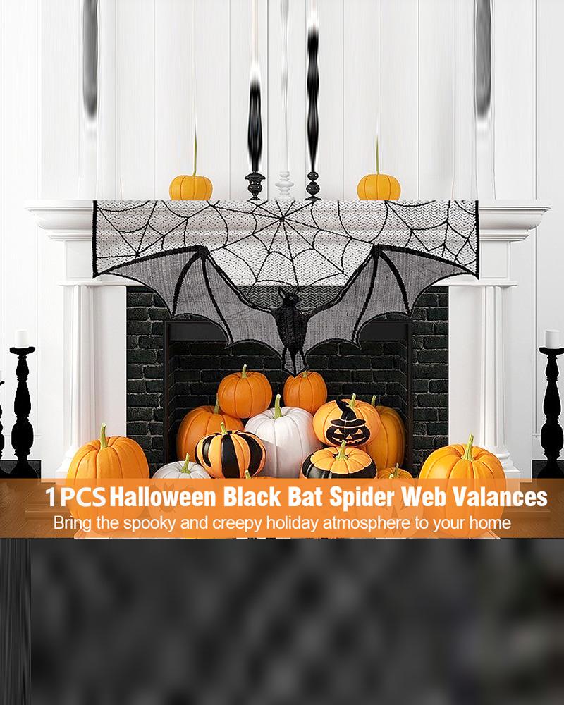 

Halloween Black Lace Cobweb Spiderweb Bats Fireplace Mantles Scarf Valances Covers for Halloween Door Window Decorations Party Supplies