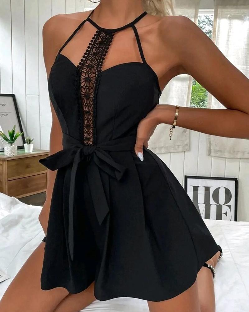 

Contrast Lace Cutout Halter Romper, Black