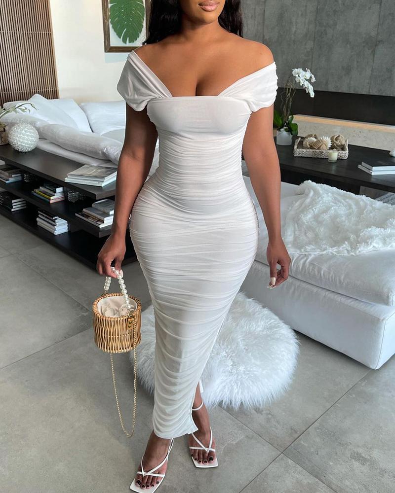 

High Slit Ruched Square Neck Skinny Maxi Dress, White