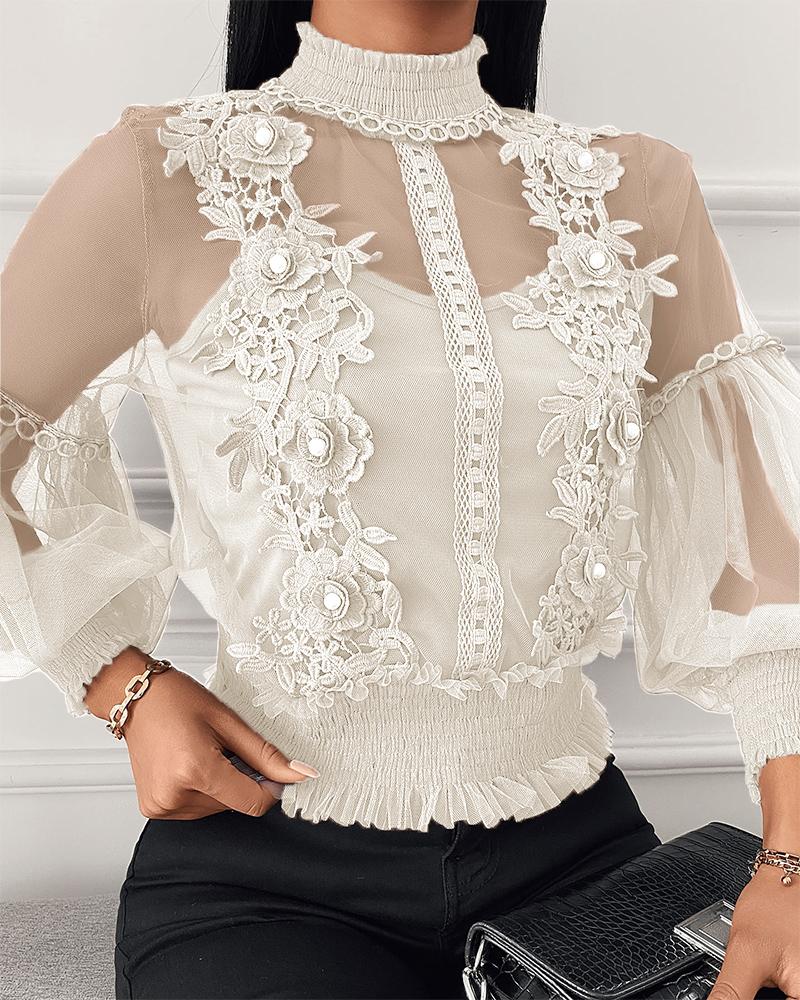 

Sheer Mesh Floral Pattern Lace Beaded Women Top ( 2PCS ), Apricot