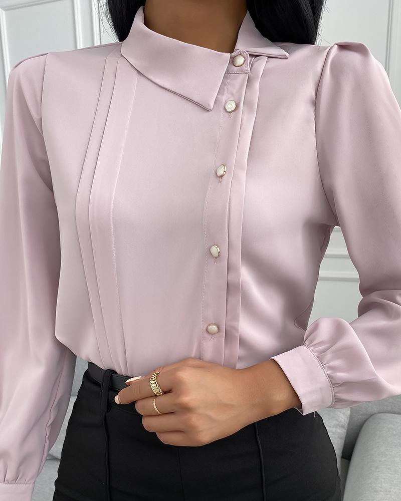 

Button Design Long Sleeve Plain Shirt, Pink