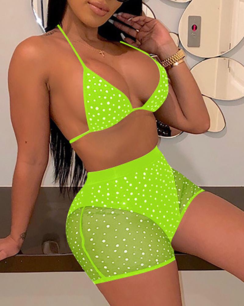 

Halter See Through Sequins Mesh Bra & Shorts, Green