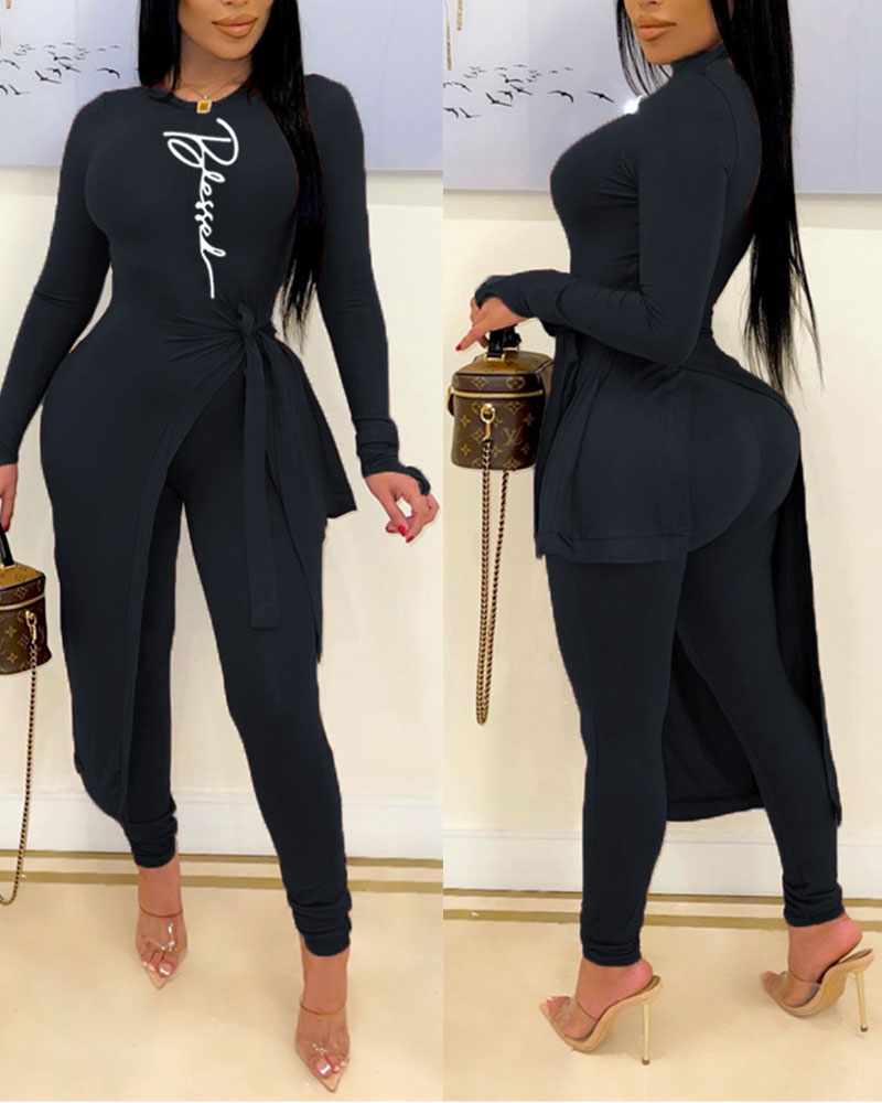 

Letter Print Tied Detail Asymmetrical Top & Pants Set, Black