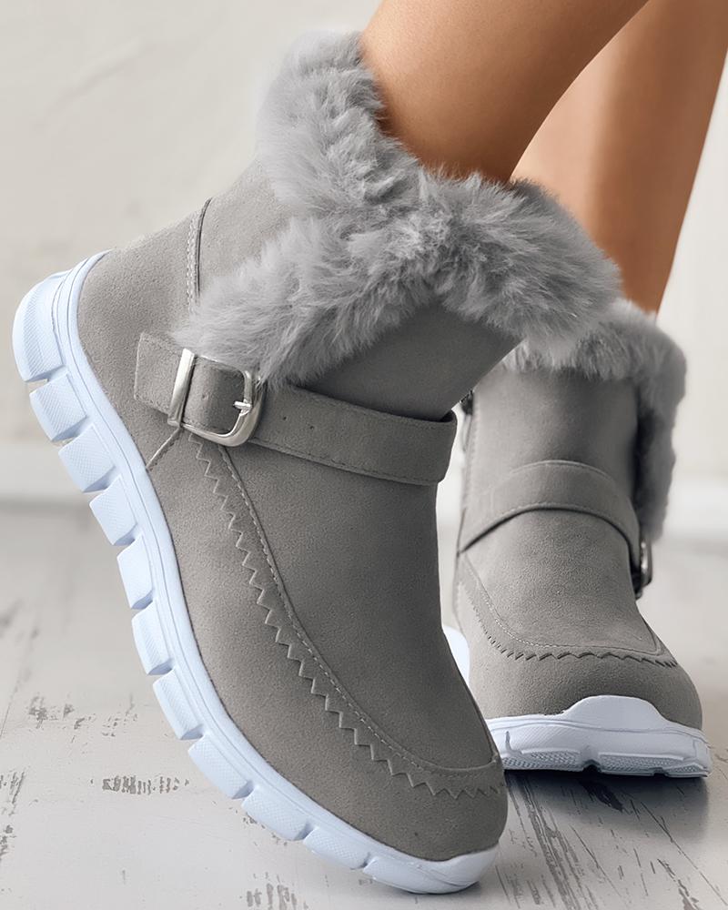 

Fuzzy Trim Buckled Lined Snow Boots, Gray