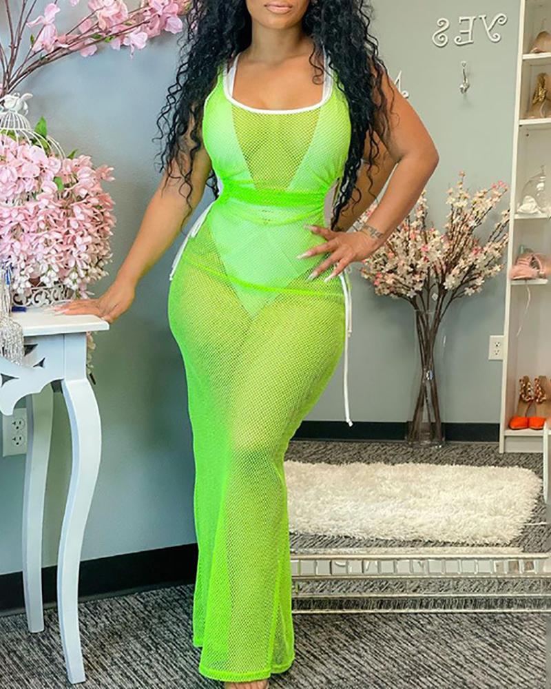 

Contrast Binding Fishnet High Slit Maxi Dress, Green