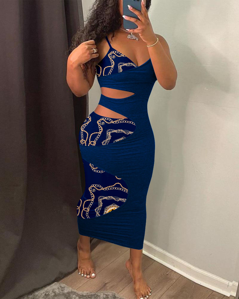 

Colorblock Chain Print Cutout Bodycon Dress, Dark blue