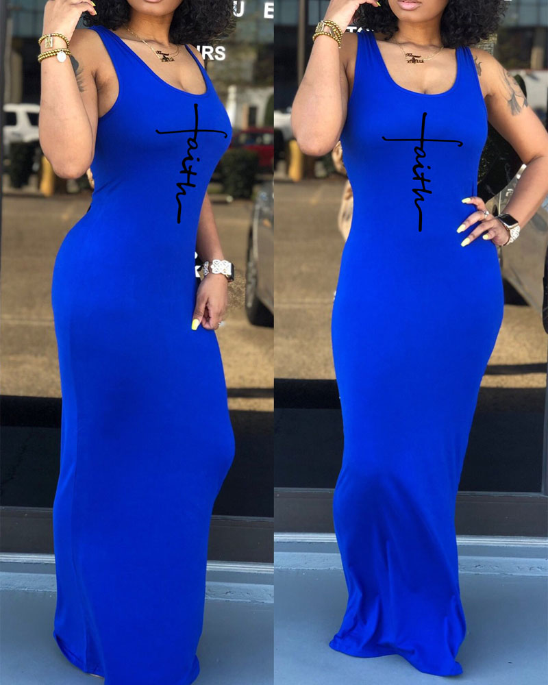 

Letter Print U-Neck Casual Tank Dress, Blue
