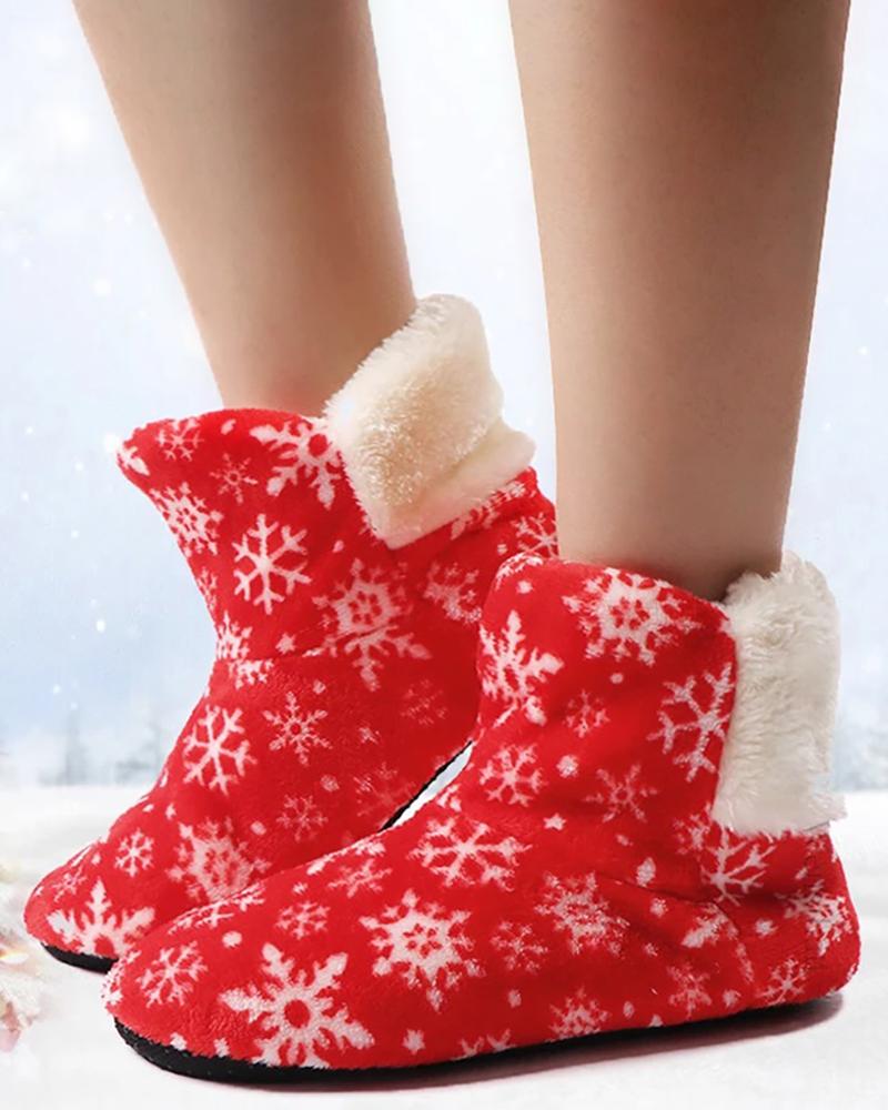 

Christmas Snowflake Print Fluffy Indoor Boots, Red